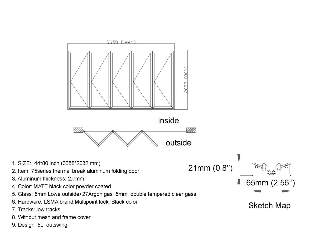 Aluminum Bifold Door 144"Wx80"H - OUT SWING FROM EXTERIOR VIEW image