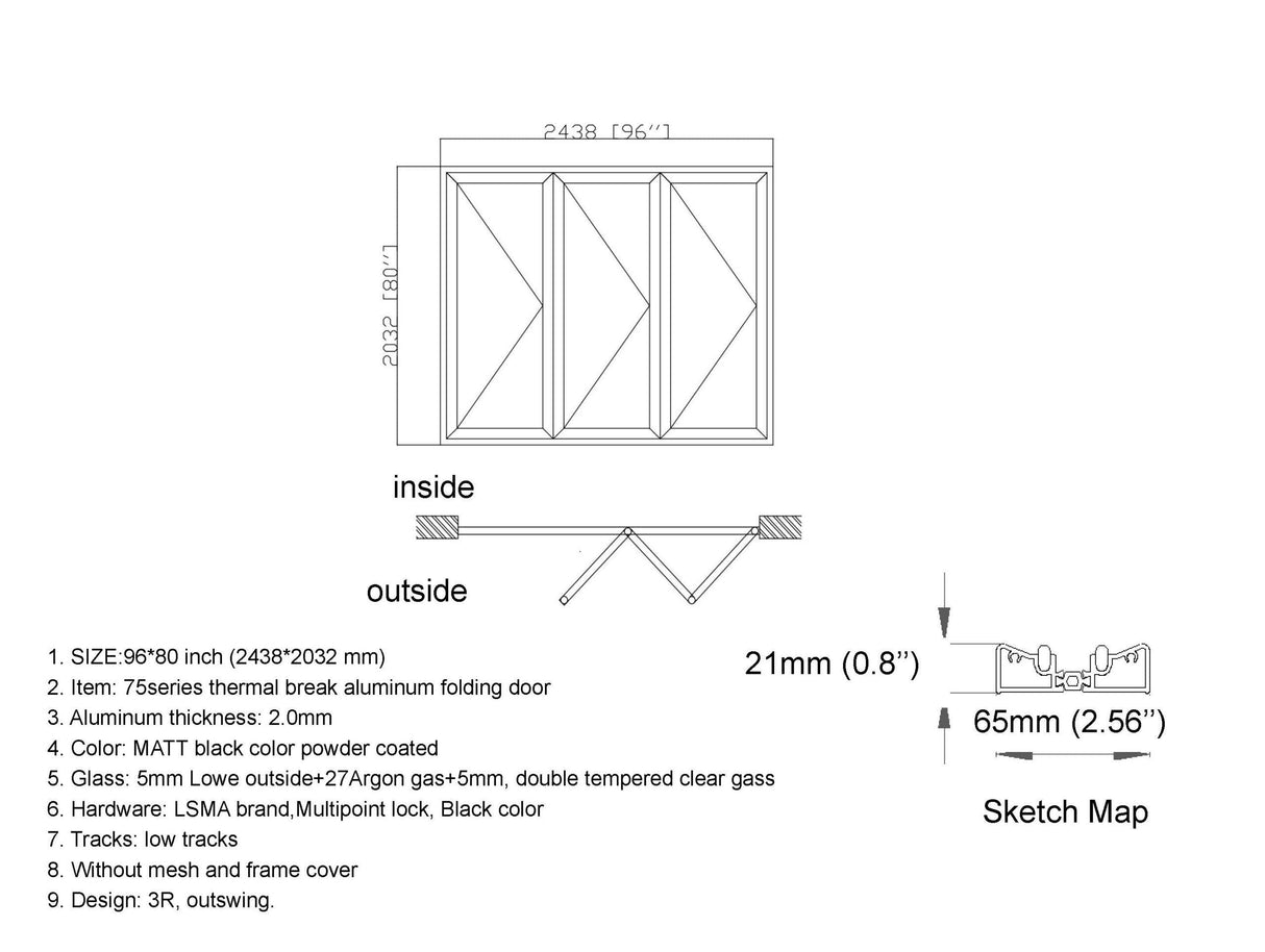 Clearance - Aluminum Bifold Door 96"Wx96"H - OUT SWING EXTERIOR VIEW image 3