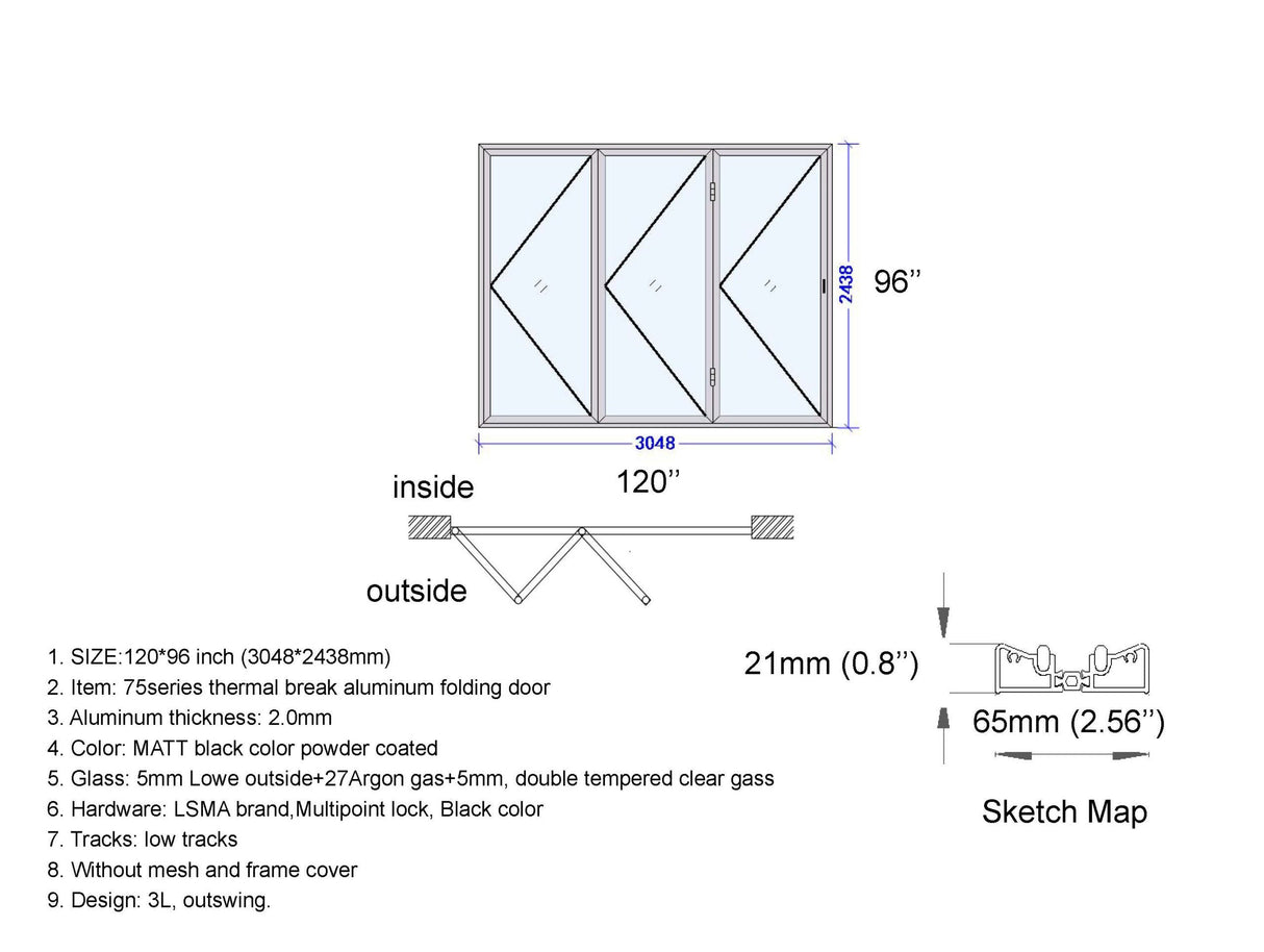 Aluminum Bifold Door 120"Wx96"H - OUT SWING FROM EXTERIOR VIEW image 5