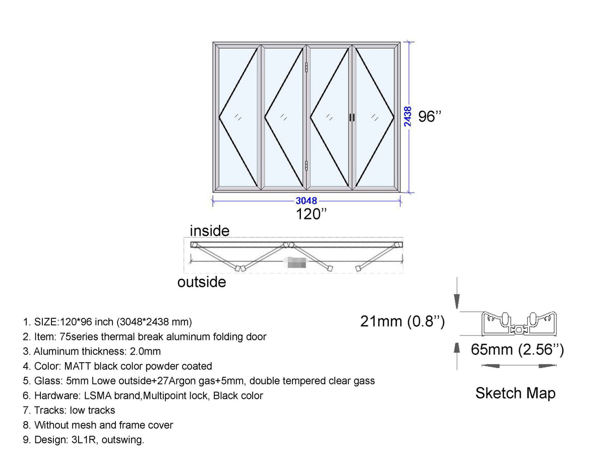 Aluminum Bifold Door 120"Wx96"H - OUT SWING FROM EXTERIOR VIEW image 16