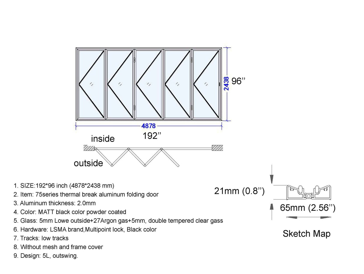 Aluminum Bifold Door 192"Wx96"H - OUT SWING FROM EXTERIOR VIEW image 1