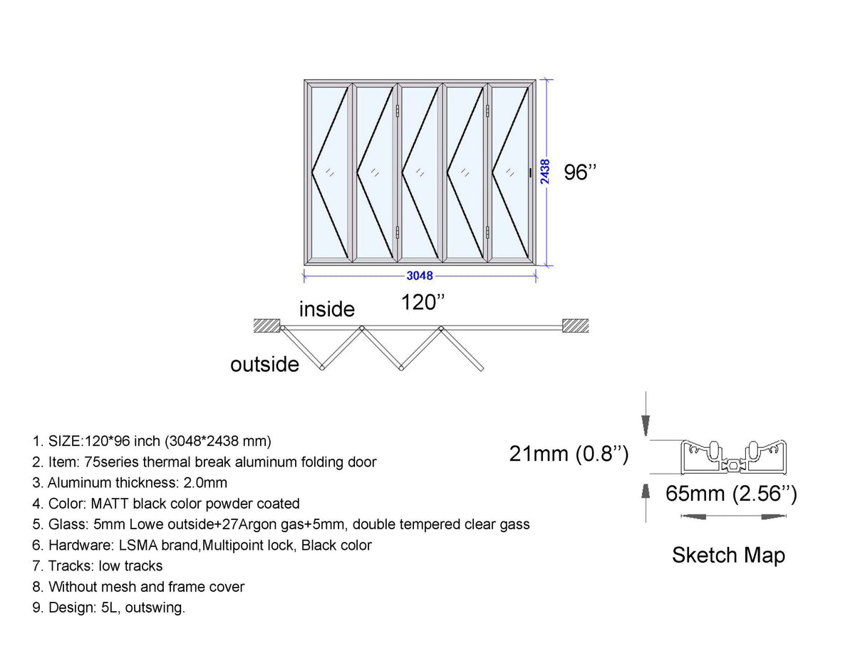 Aluminum Bifold Door 120"Wx96"H - OUT SWING FROM EXTERIOR VIEW image 17
