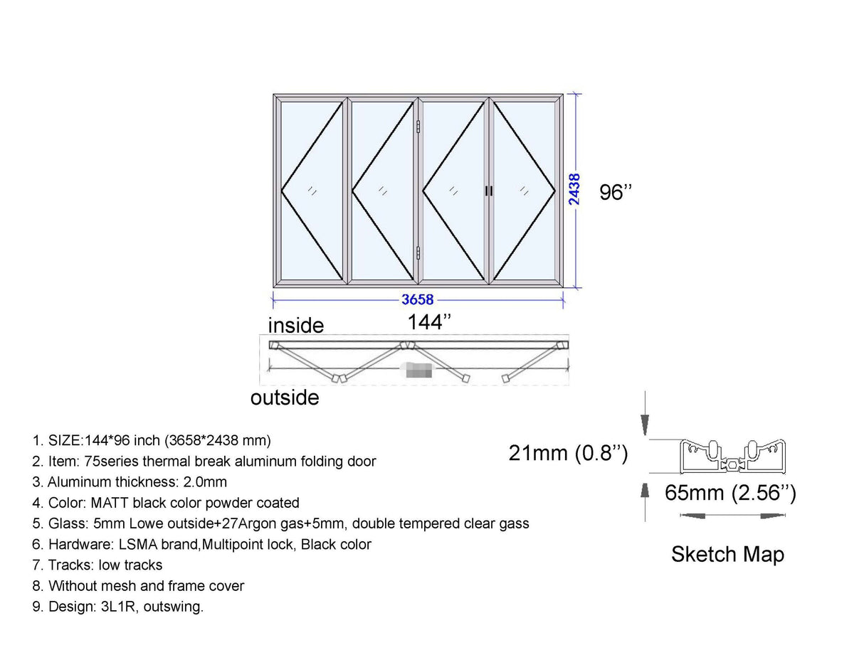 Aluminum Bifold Door 144"Wx96"H - OUT SWING FROM EXTERIOR VIEW image 6