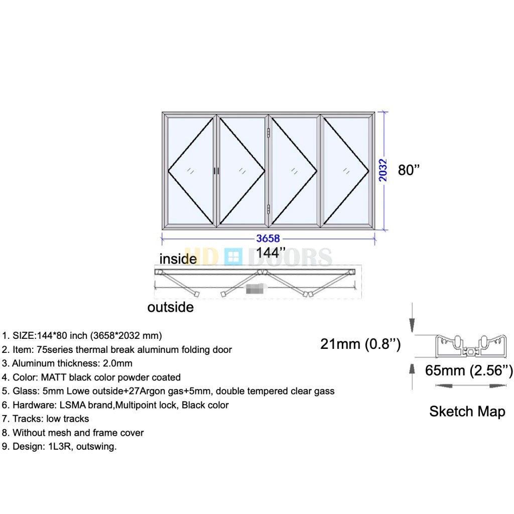 Aluminum Bifold Door 144"Wx80"H - OUT SWING FROM EXTERIOR VIEW image 5