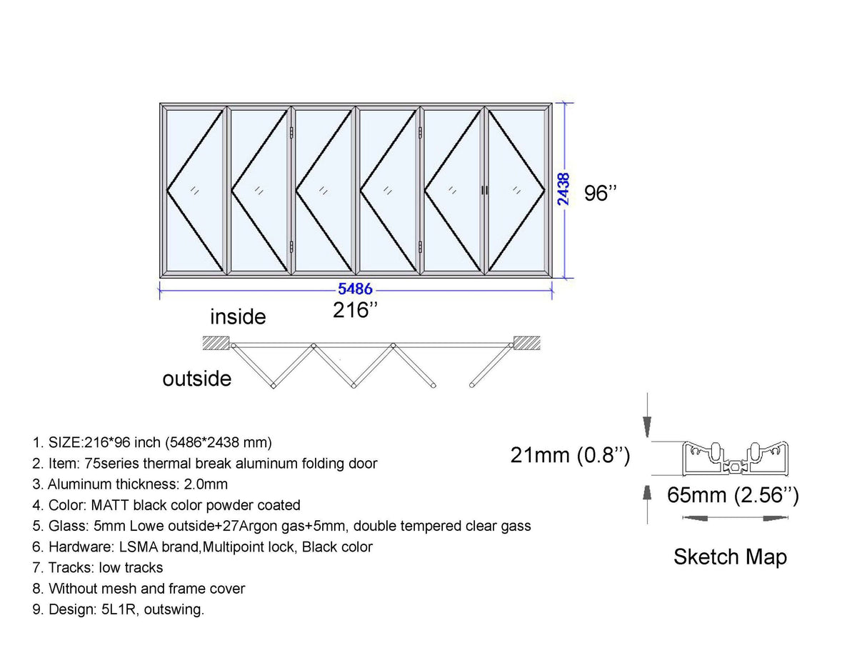 Aluminum Bifold Door 216"Wx96"H - OUT SWING FROM EXTERIOR VIEW image