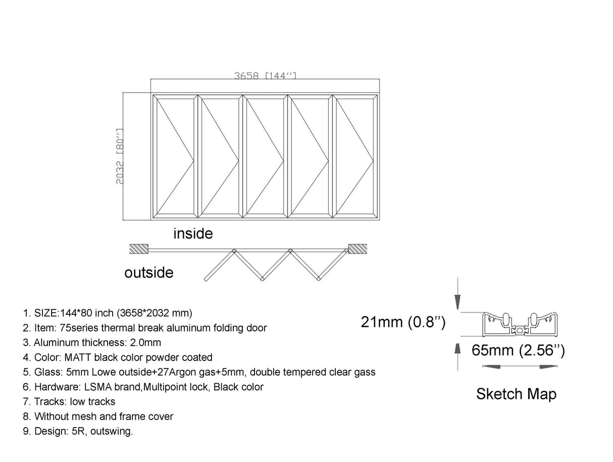 Aluminum Bifold Door 144"Wx80"H - OUT SWING FROM EXTERIOR VIEW image