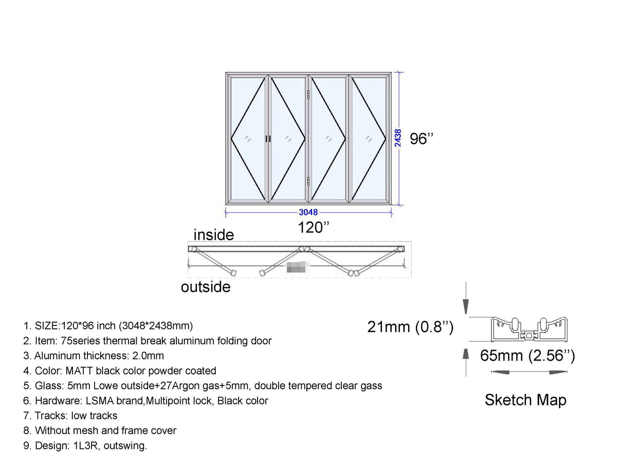 Aluminum Bifold Door 120"Wx96"H - OUT SWING FROM EXTERIOR VIEW image 1