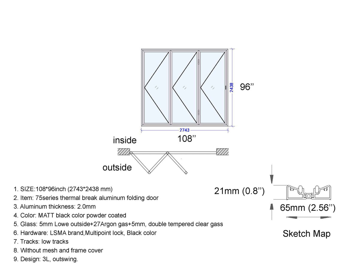 Aluminum Bifold Door 120"Wx80"H - OUT SWING FROM EXTERIOR VIEW image 1