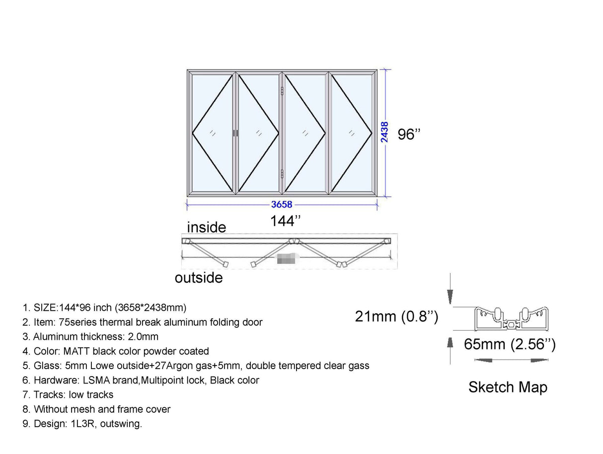 Aluminum Bifold Door 144"Wx96"H - OUT SWING FROM EXTERIOR VIEW image 1