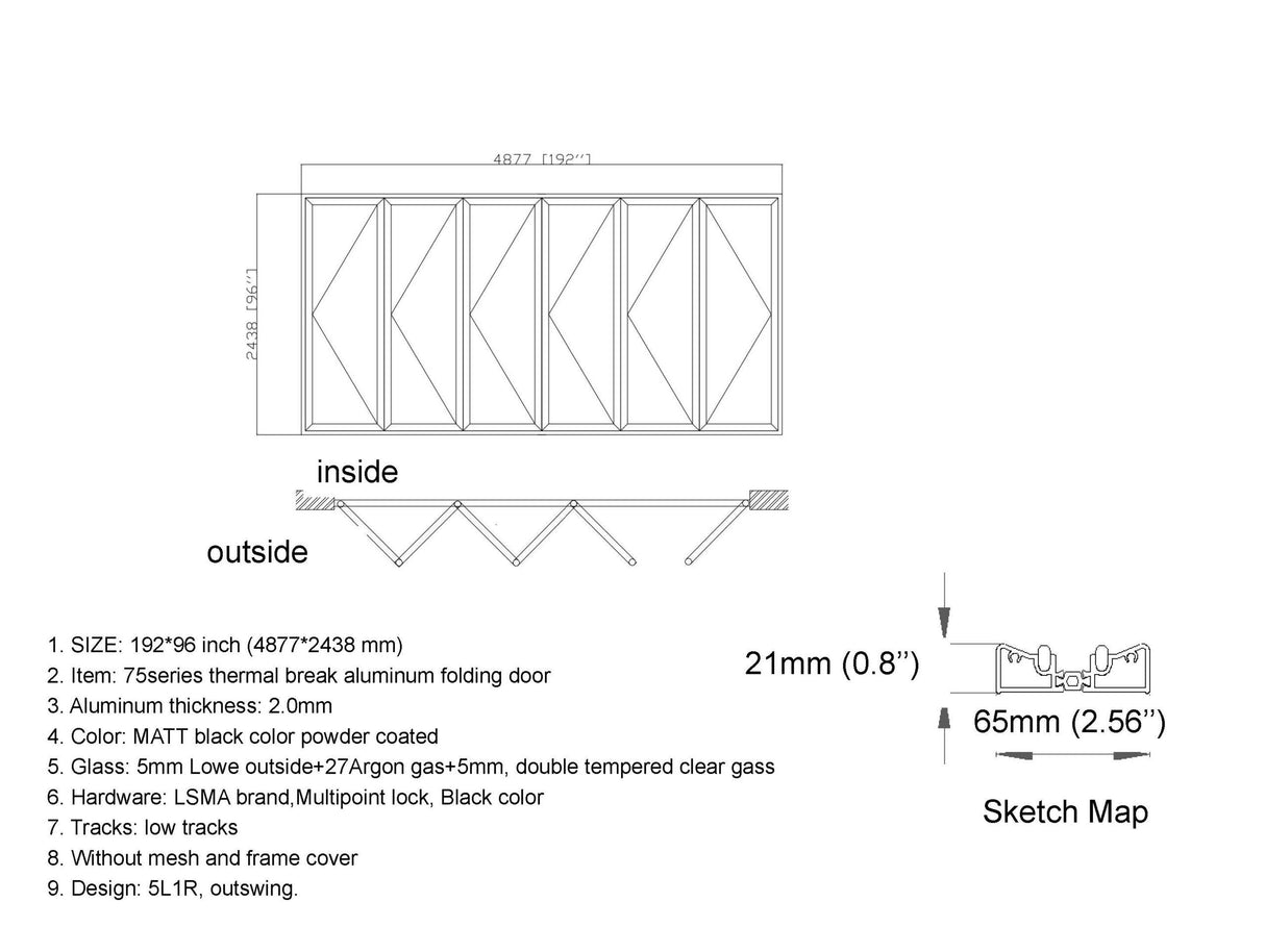Aluminum Bifold Door 192"Wx96"H - OUT SWING FROM EXTERIOR VIEW image 21