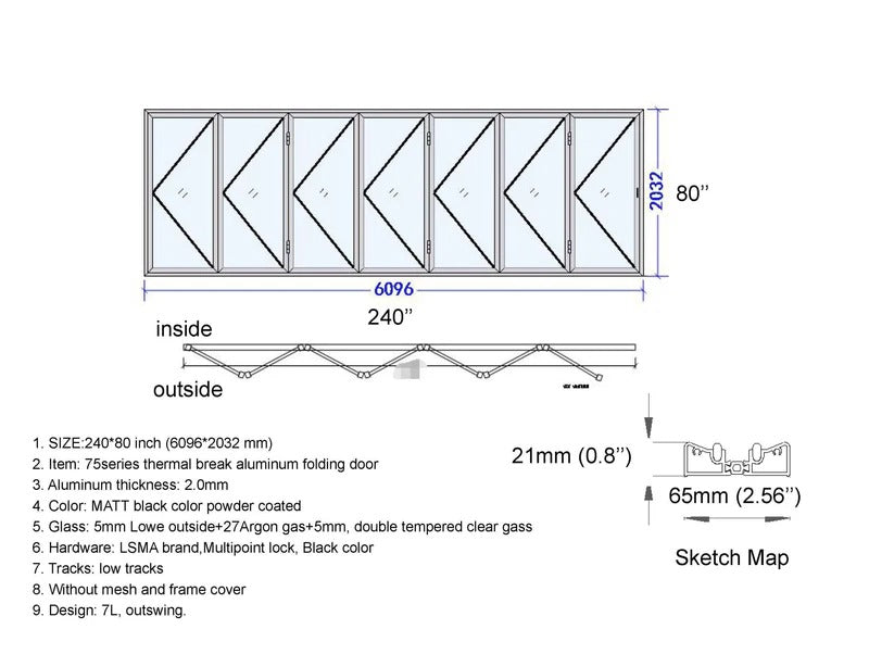 aluminum bifold patio doors, 240 by 80 inches, 7 panels with left opening