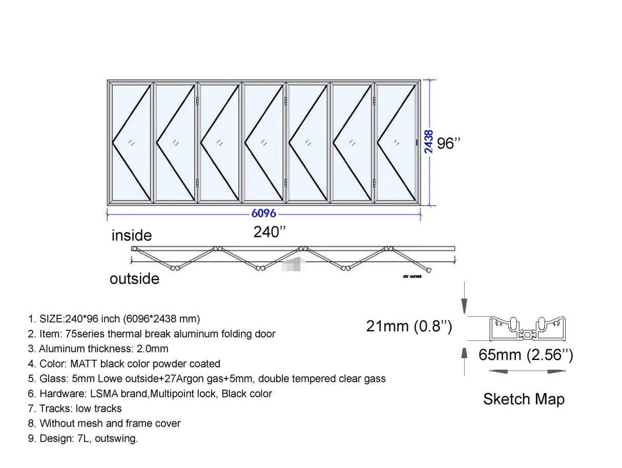 aluminum bifold patio doors, 240 by 96 inches, 7 panels with left opening