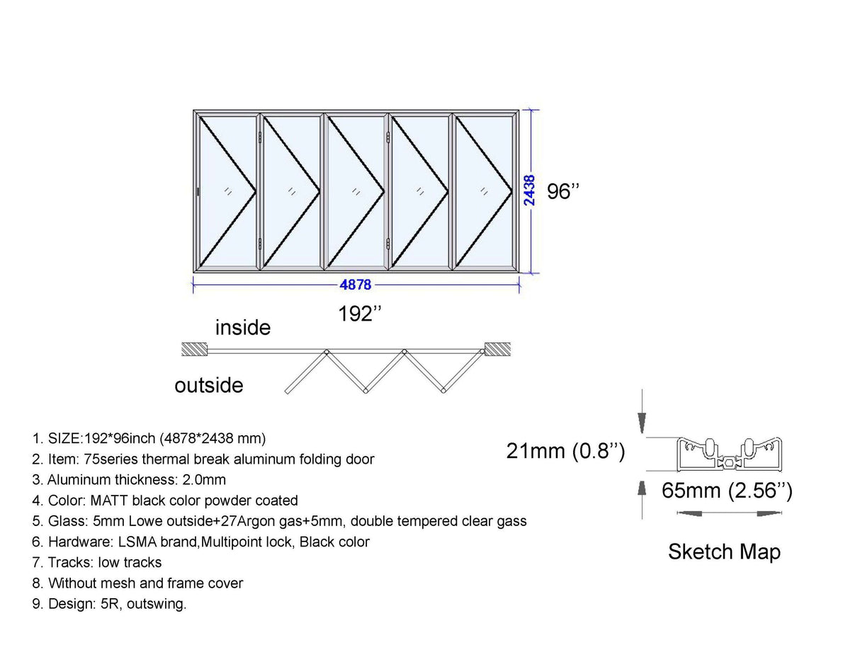 Aluminum Bifold Door 192"Wx96"H - OUT SWING FROM EXTERIOR VIEW image 7