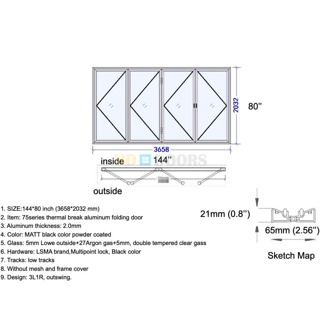 Aluminum Bifold Door 144"Wx80"H - OUT SWING FROM EXTERIOR VIEW image 10