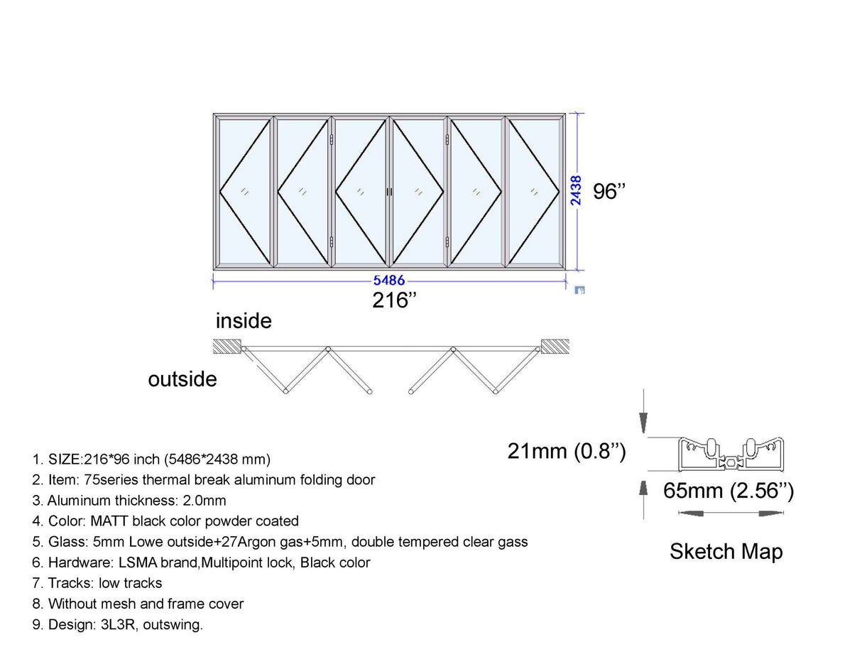 Aluminum Bifold Door 216"Wx96"H - OUT SWING FROM EXTERIOR VIEW image 1