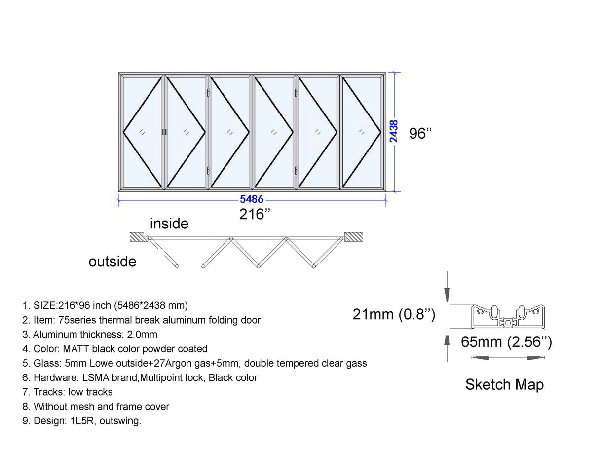 Aluminum Bifold Door 216"Wx96"H - OUT SWING FROM EXTERIOR VIEW image 9