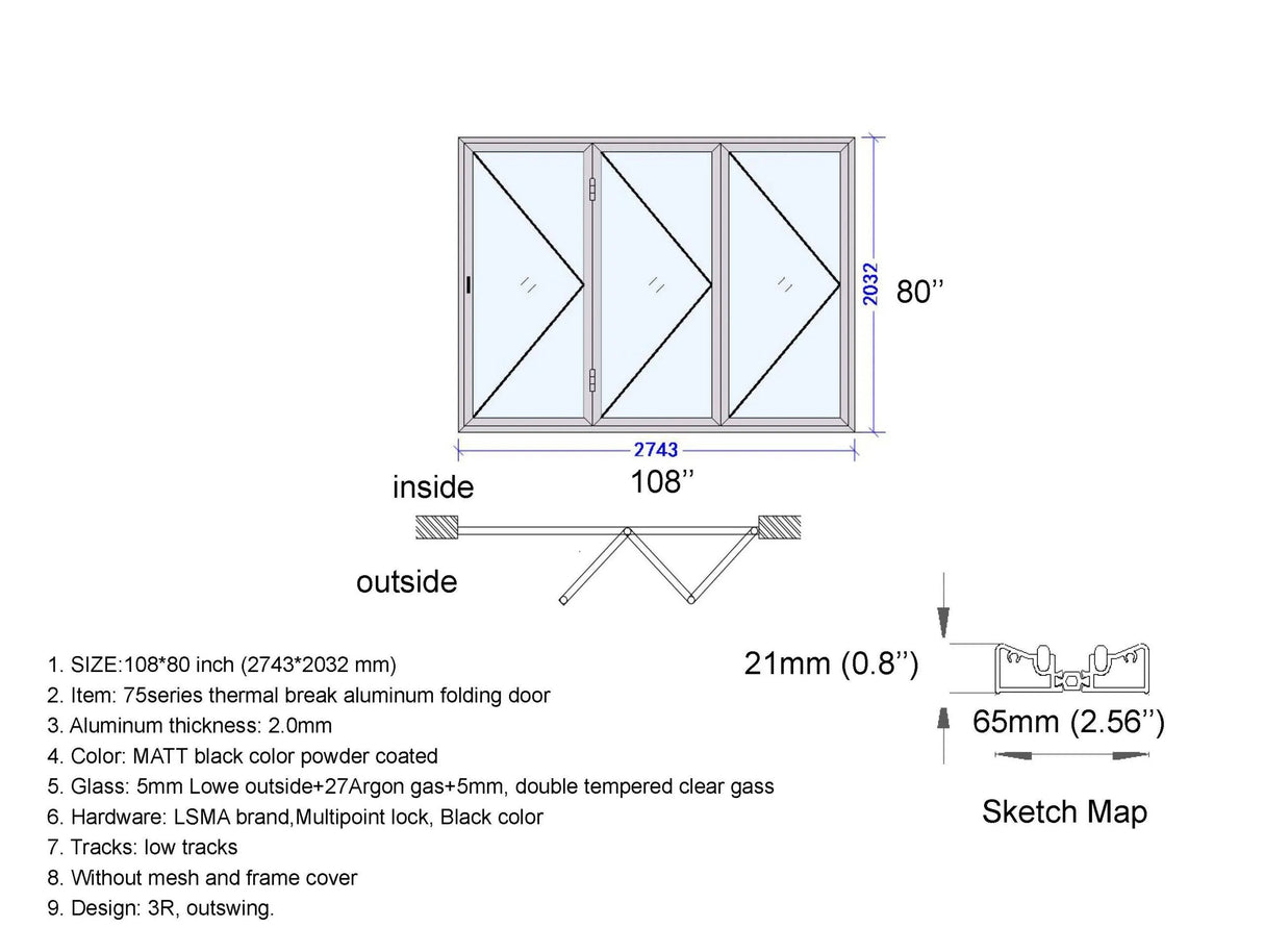 Aluminum Bifold Door 108"Wx80"H - OUT SWING FROM EXTERIOR VIEW image 3