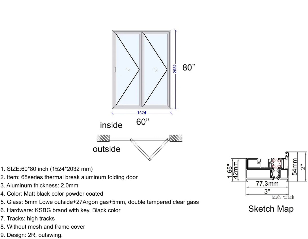 Aluminum Bifold Door 60"Wx80"H - OUT SWING FROM EXTERIOR VIEW image 1