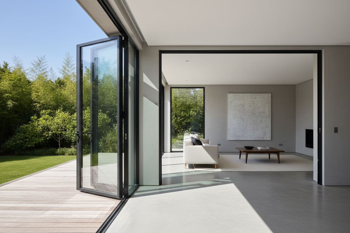 Realistic photo of a 60x96 inch black aluminum bifold door, outswing opening, installed in a modern home with no interior frame. Large glass panels, slim black profiles, bright natural light, wide‑angle view, clean architectural style.