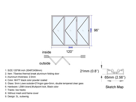 Aluminum Bifold Door 120"Wx96"H - OUT SWING FROM EXTERIOR VIEW image 5