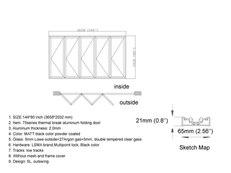 Aluminum Bifold Door 144"Wx80"H - OUT SWING FROM EXTERIOR VIEW image 1