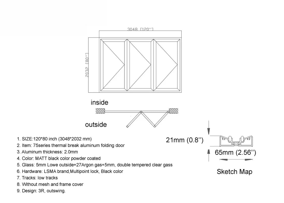 120"x80" Custom Energy Efficient Aluminum Bifold Door