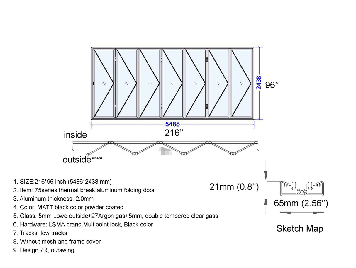 Aluminum Bifold Door 216"Wx96"H - OUT SWING FROM EXTERIOR VIEW image