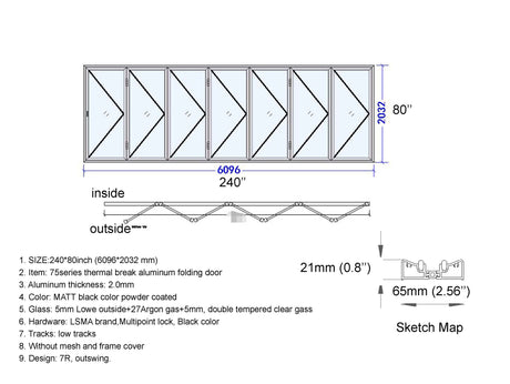 Aluminum Bifold Door 240"Wx80"H - OUT SWING FROM EXTERIOR VIEW image 8