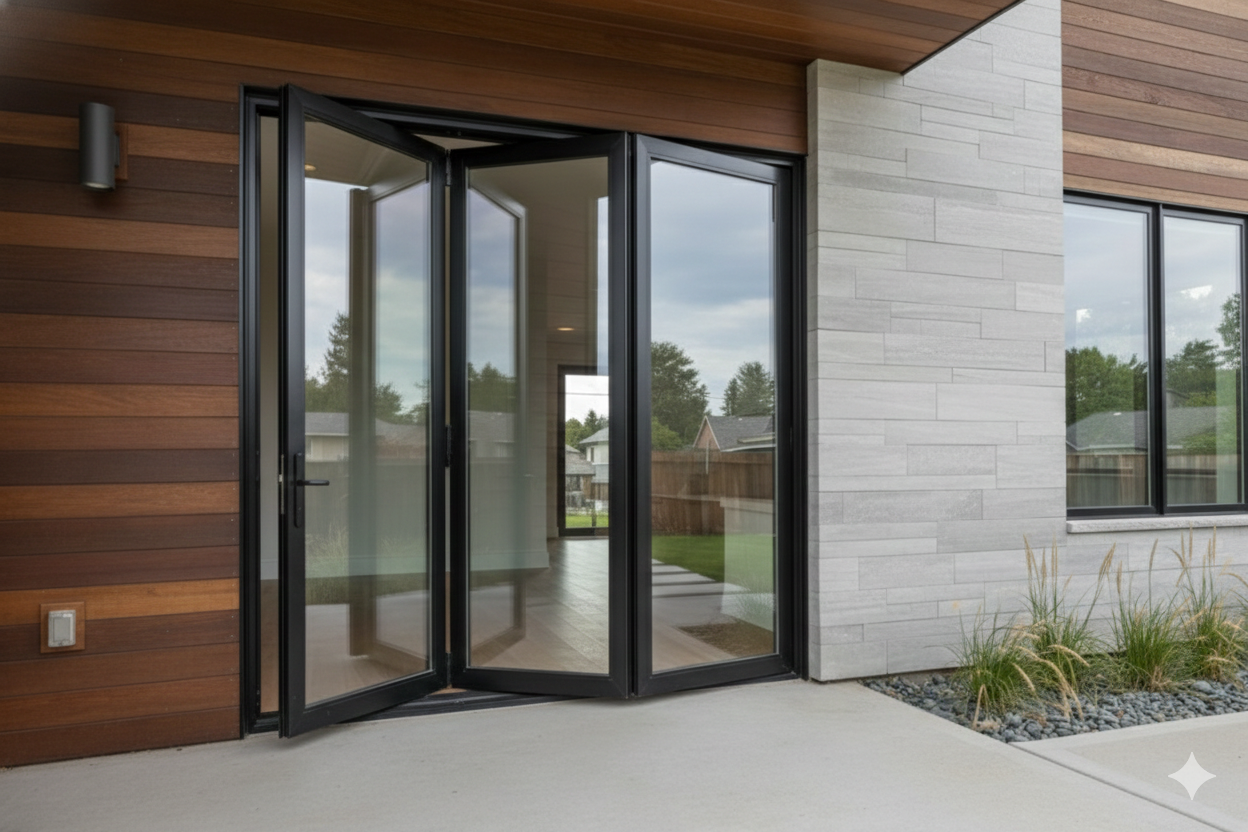 Modern house exterior with a glass door and wooden facade