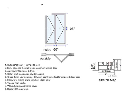 Aluminum Bifold Door 60"Wx96"H - OUT SWING FROM EXTERIOR VIEW image 5
