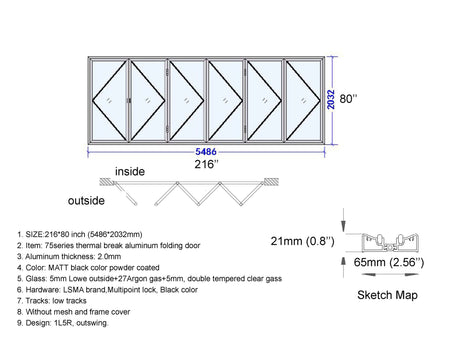 Aluminum Bifold Door 216"Wx80"H - OUT SWING FROM EXTERIOR VIEW image 9