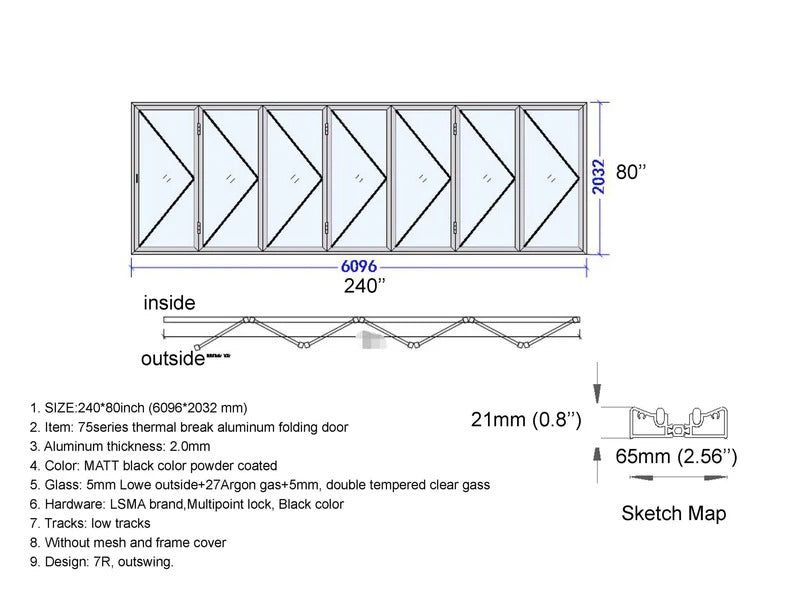 aluminum bifold patio doors, 240 by 80 inches, 7 panels with right opening