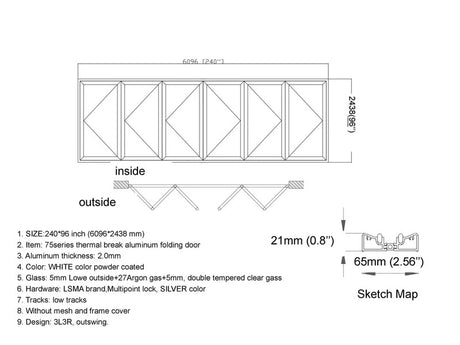 aluminum bifold patio doors, 240 by 96 inches, 6 panels with center opening