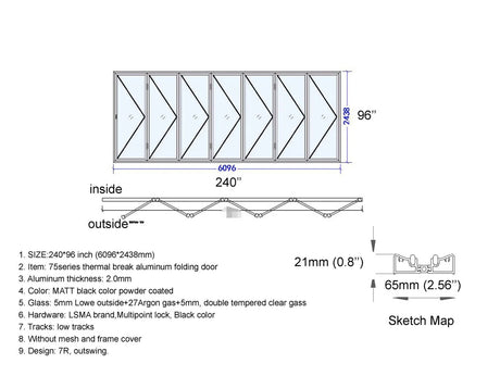 aluminum bifold patio doors, 240 by 96 inches, 7 panels with right opening