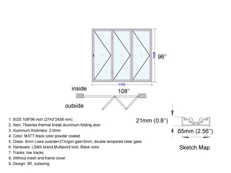 Aluminum Bifold Door 108"Wx96"H - OUT SWING FROM EXTERIOR VIEW image 3