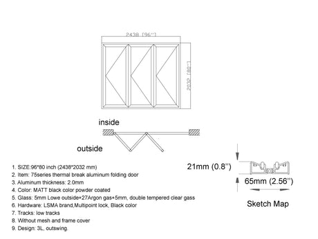 Aluminum Bifold Door 96"Wx96"H - OUT SWING FROM EXTERIOR VIEW image 1