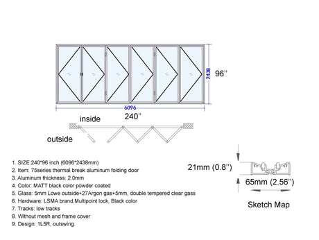 Aluminum Bifold Door 240"Wx96"H - OUT SWING FROM EXTERIOR VIEW image 1